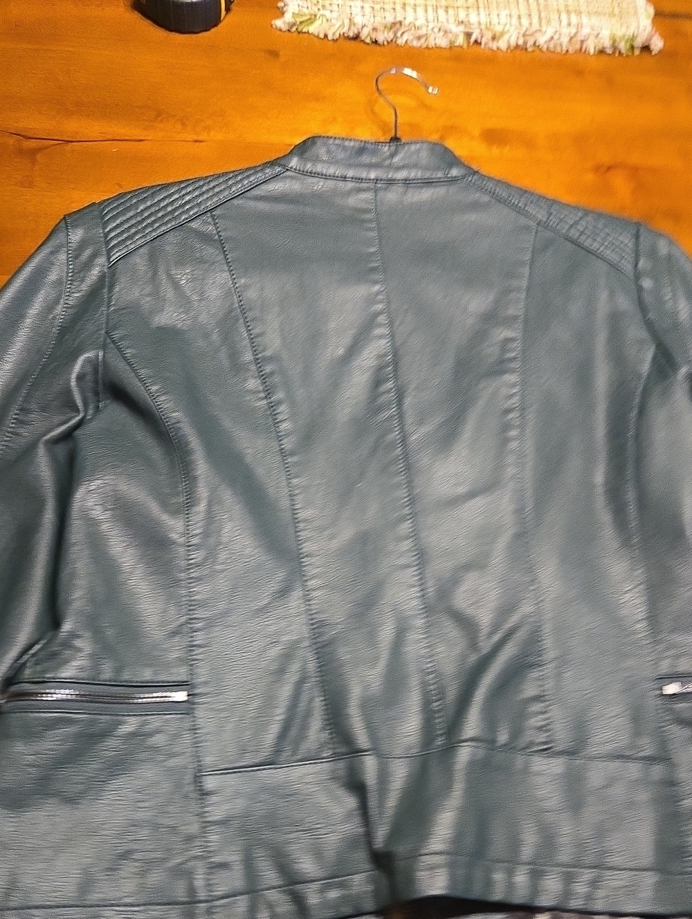 Dark Green Faux Leather Moto Jacket with Zipper Details - Picture 4 of 4